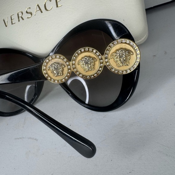 Versace Medusa Sunglasses Black Frame Gold Medusa With Small Clear Crystals. main image 5
